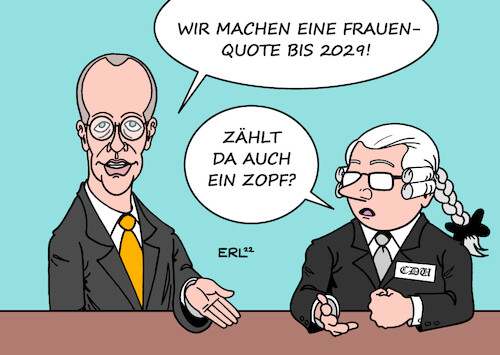 Cartoon: CDU Frauenquote (medium) by Erl tagged politik,partei,cdu,konservativ,modern,spagat,vorsitzender,friedrich,merz,einführung,fauenquote,befristet,2029,alte,zöpfe,zopf,mann,männer,karikatur,erl,politik,partei,cdu,konservativ,modern,spagat,vorsitzender,friedrich,merz,einführung,fauenquote,befristet,2029,alte,zöpfe,zopf,mann,männer,karikatur,erl