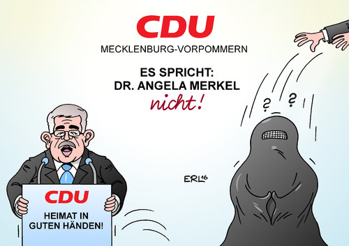 Cartoon: CDU Meck-Pomm (medium) by Erl tagged wahl,landtagswahl,mecklenburg,vorpommern,cdu,angst,afd,rechtspopulismus,flüchtlinge,flüchtlingspolitik,bundeskanzlerin,angela,merkel,wahlkampf,hilfe,bremsklotz,verstecken,burka,abrücken,lorenz,caffier,karikatur,erl,wahl,landtagswahl,mecklenburg,vorpommern,cdu,angst,afd,rechtspopulismus,flüchtlinge,flüchtlingspolitik,bundeskanzlerin,angela,merkel,wahlkampf,hilfe,bremsklotz,verstecken,burka,abrücken,lorenz,caffier,karikatur,erl