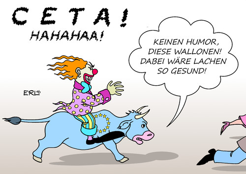 Cartoon: CETA (medium) by Erl tagged ceta,freihandelsabkommen,eu,kanada,nein,wallonien,belgien,verbraucherschutz,umweltschutz,demokratie,schiedsgerichte,handel,zoll,zoelle,bürger,angst,horrorclown,gruselclown,europa,stier,humor,lachen,gesund,gesundheit,karikatur,erl,ceta,freihandelsabkommen,eu,kanada,nein,wallonien,belgien,verbraucherschutz,umweltschutz,demokratie,schiedsgerichte,handel,zoll,zoelle,bürger,angst,horrorclown,gruselclown,europa,stier,humor,lachen,gesund,gesundheit,karikatur,erl