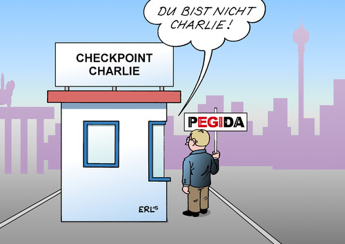 Cartoon: Charlie (medium) by Erl tagged anschlag,charlie,hebdo,satire,zeitschrift,gedenken,berlin,checkpoint,kontrollpunkt,rechtspopulismus,rechtsextremismus,pegida,trauermarsch,karikatur,erl,anschlag,charlie,hebdo,satire,zeitschrift,gedenken,berlin,checkpoint,kontrollpunkt,rechtspopulismus,rechtsextremismus,pegida,trauermarsch