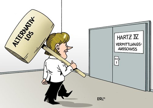 Cartoon: Chefsache (medium) by Erl tagged hartz,reform,vermittlungsausschuss,bundestag,bundesrat,streit,ablehnung,regierung,cdu,csu,fdp,schwarz,gelb,opposition,spd,grüne,rot,grün,bundeskanzlerin,merkel,chefsache,argument,holzhammer,alternativlos,unwort,hartz,reform,bundestag,bundesrat,streit,ablehnung,regierung,cdu,opposition,bundeskanzlerin,angela merkel,argument,chef,angela,merkel