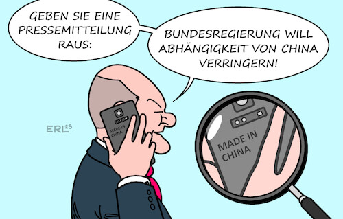 Cartoon: China-Strategie (medium) by Erl tagged politik,bundesregierung,bundeskanzler,olaf,scholz,china,strategie,verringerung,abhängigkeit,wirtschaft,handel,produktion,lieferketten,werkbank,welt,handy,smartphone,made,in,karikatur,erl,politik,bundesregierung,bundeskanzler,olaf,scholz,china,strategie,verringerung,abhängigkeit,wirtschaft,handel,produktion,lieferketten,werkbank,welt,handy,smartphone,made,in,karikatur,erl