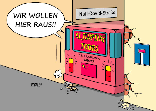 Cartoon: China in der Sackgasse (medium) by Erl tagged politik,china,corona,virus,pandemie,null,covid,strategie,menschen,einsperren,abriegelung,stadtviertel,städte,protetse,wut,staatspräsident,xi,jinping,herrscher,lebenszeit,überragender,führer,fahrer,bus,sackgasse,forderung,rücktritt,karikatur,erl,politik,china,corona,virus,pandemie,null,covid,strategie,menschen,einsperren,abriegelung,stadtviertel,städte,protetse,wut,staatspräsident,xi,jinping,herrscher,lebenszeit,überragender,führer,fahrer,bus,sackgasse,forderung,rücktritt,karikatur,erl