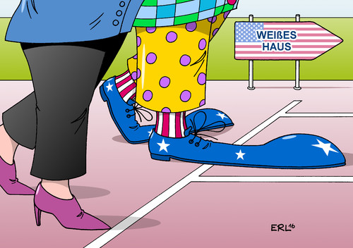 Cartoon: Clinton Trump (medium) by Erl tagged usa,präsidentschaftswahl,wahl,präsident,präsidentin,kandidaten,demoktraten,hillary,clinton,frau,republikaner,donald,trump,clown,populist,regel,bruch,übertretung,rennen,weißes,haus,washington,schuh,karikatur,erl,usa,präsidentschaftswahl,wahl,präsident,präsidentin,kandidaten,demoktraten,hillary,clinton,frau,republikaner,donald,trump,clown,populist,regel,bruch,übertretung,rennen,weißes,haus,washington,schuh,karikatur,erl