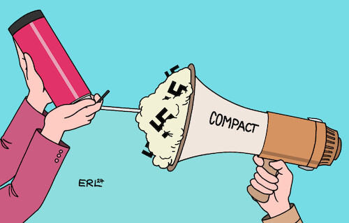 Cartoon: Compact (medium) by Erl tagged politik,medien,compact,magazin,rechtsextremismus,verschwörungstheorien,fake,news,ziel,systemsturz,deutschland,verbot,innenministerin,nancy,faeser,bauschaum,megafon,sprachrohr,karikatur,erl,politik,medien,compact,magazin,rechtsextremismus,verschwörungstheorien,fake,news,ziel,systemsturz,deutschland,verbot,innenministerin,nancy,faeser,bauschaum,megafon,sprachrohr,karikatur,erl