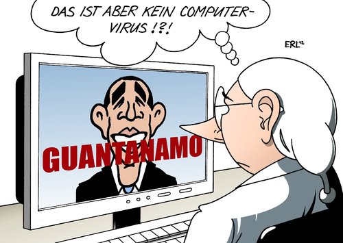 Cartoon: Computervirus (medium) by Erl tagged präsident,terrorbekämpfung,rechtlos,rechtsfrei,gefängnis,guantanamo,jahre,10,zehn,fbi,warnung,usa,botnet,hacker,schadprogramm,virus,internet,pc,computer,obama,internet,pc,virus,hacker,botnet,usa,warnung,fbi,guantanamo,gefängnis,rechtsfrei