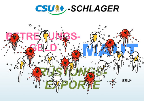 Cartoon: CSU-Schlager (medium) by Erl tagged partei,csu,bayern,wahlkampf,schlager,betreuungsgeld,pkw,maut,ausländer,kritik,rüstungsexporte,beschränkung,russland,krisengebiet,wirtschaftsminister,sigmar,gabriel,ministerpräsident,horst,seehofer,tomaten,eier,csu,schlager