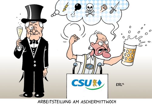 Cartoon: CSU (medium) by Erl tagged csu,aschermittwoch,politisch,bier,zelt,rede,horst,seehofer,bundespräsident,amtierend,ersatz,christian,wulff,rücktritt,zurückhaltung,arbeitsteilung,edmund,stoiber,deftig,derb,fastenzeit,bayern,partei,politik,csu,aschermittwoch,bier,seehofer,bundespräsident,wulff