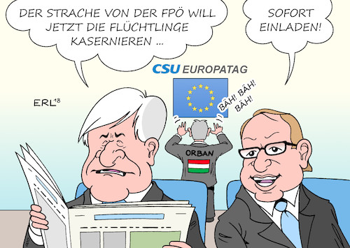 Cartoon: CSU Europatag (medium) by Erl tagged csu,klausur,kloster,seeon,europatag,gast,viktor,orban,ministerpräsident,ungarn,rechtspopulismus,europafeindlich,flüchtlingspolitik,abschreckung,abschottung,signal,wähler,landtagswahl,afd,zurückgewinnen,absolute,mehrheit,österreich,vizekanzler,strache,fpö,vorschlag,kasernierung,flüchtlinge,seehofer,dobrindt,karikatur,erl,csu,klausur,kloster,seeon,europatag,gast,viktor,orban,ministerpräsident,ungarn,rechtspopulismus,europafeindlich,flüchtlingspolitik,abschreckung,abschottung,signal,wähler,landtagswahl,afd,zurückgewinnen,absolute,mehrheit,österreich,vizekanzler,strache,fpö,vorschlag,kasernierung,flüchtlinge,seehofer,dobrindt,karikatur,erl