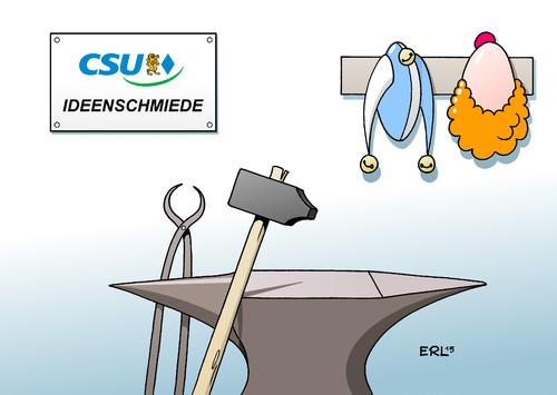 Cartoon: CSU Ideenschmiede (medium) by Erl tagged csu,ideen,ideenschmiede,wahlkampf,wahlversprechen,umsetzung,pkw,maut,betreuungsgeld,herdprämie,bundesverfassungsgericht,verfassungswidrig,zuständigkeit,länder,bund,narr,clown,schmied,schmiede,hammer,amboss,zange,karikatur,erl,csu,ideen,ideenschmiede,wahlkampf,wahlversprechen,umsetzung,pkw,maut,betreuungsgeld,herdprämie,bundesverfassungsgericht,verfassungswidrig,zuständigkeit,länder,bund,narr,clown,schmied,schmiede,hammer,amboss,zange