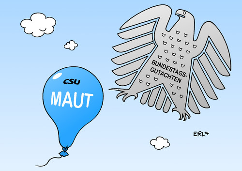 Cartoon: CSU Maut (medium) by Erl tagged pkw,csu,maut,ausländer,wahlkampf,regierung,gesetz,eu,recht,bundestag,gutachten,juristen,bundesadler,krallen,luftballon,platzen,verkehrsminister,dobrindt,ministerpräsident,seehofer,bayern,csu,maut