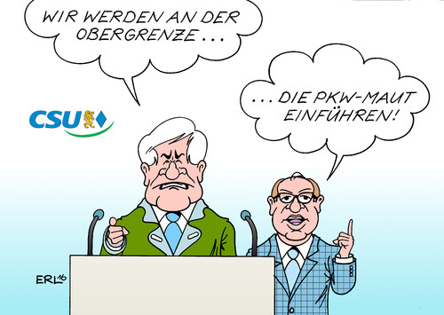 Cartoon: CSU Parteitag (medium) by Erl tagged erl,karikatur,seehofer,horst,bayern,ministerpräsident,dobrindt,verkehrsminister,einigung,eu,konflikt,ausländer,maut,pkw,merkel,angela,bundeskanzlerin,abwesenheit,cdu,streit,obergrenze,flüchtlinge,flüchtlingspolitik,konservativ,profil,parteitag,partei,csu,csu,partei,parteitag