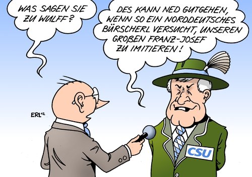 Cartoon: CSU Wulff (medium) by Erl tagged bundespräsident,christian,wulff,affären,privat,haus,kredit,aussage,erklärung,bericht,bild,zeitung,drohung,pressefreiheit,amt,schaden,csu,klausur,wildbad,kreuth,seehofer,franz,josef,strauß,skandale,wulff,affären,privat,haus,bericht,bild,zeitung,drohung,seehofer,strauß,skandale,pressefreiheit