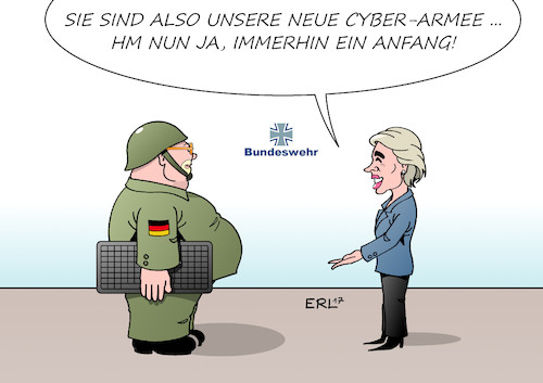 Cartoon: Cyber-Armee (medium) by Erl tagged bundeswehr,militär,soldaten,soldatinnen,cyberarmee,cyberkrieg,internet,hacker,angriff,hackerangriff,infrastruktur,informationen,geheimnis,macht,daten,datenschutz,cyberkrieger,bewerber,zahl,gering,verteidigungsministerin,ursula,von,der,leyen,anfang,bits,bytes,karikatur,erl,bundeswehr,militär,soldaten,soldatinnen,cyberarmee,cyberkrieg,internet,hacker,angriff,hackerangriff,infrastruktur,informationen,geheimnis,macht,daten,datenschutz,cyberkrieger,bewerber,zahl,gering,verteidigungsministerin,ursula,von,der,leyen,anfang,bits,bytes,karikatur,erl