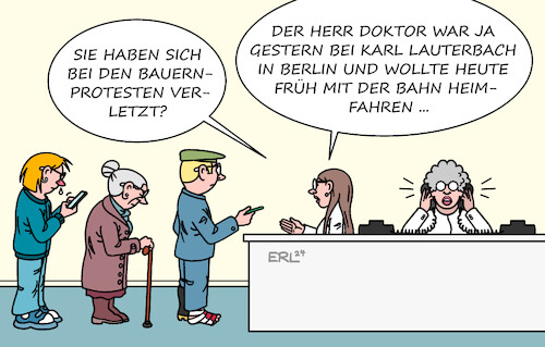 Cartoon: Da kommt alles zusammen (medium) by Erl tagged politik,landwirtschaft,protest,bauern,landwirte,blockade,bahn,lokführer,streik,bahnstreik,ärztinnen,ärzte,hausärzte,hausärztinnen,gespräch,karl,lauterbach,bürokratie,budgetierung,patienten,karikatur,erl,politik,landwirtschaft,protest,bauern,landwirte,blockade,bahn,lokführer,streik,bahnstreik,ärztinnen,ärzte,hausärzte,hausärztinnen,gespräch,karl,lauterbach,bürokratie,budgetierung,patienten,karikatur,erl