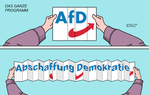 Cartoon: Das ganze Programm (medium) by Erl tagged politik,partei,afd,rechtsextremismus,ziel,abschaffung,demokratie,remigration,deportation,programm,parteiprogramm,auseinanderfalten,karikatur,erl,politik,partei,afd,rechtsextremismus,ziel,abschaffung,demokratie,remigration,deportation,programm,parteiprogramm,auseinanderfalten,karikatur,erl