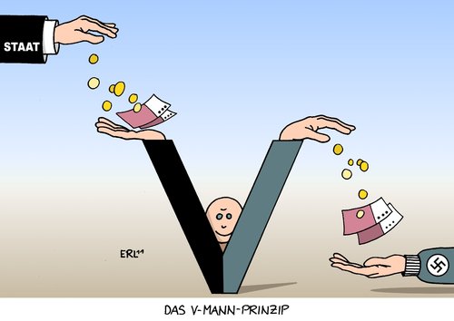 Cartoon: Das V-Mann-Prinzip (medium) by Erl tagged vmann,verfassungsschutz,staat,vertrauensmann,verbindungsmann,geld,rechtsradikalismus,rechtextremismus,organisation,npd,finanzierung,steuergeld,staat,verfassungsschutz,vmann,vertrauensmann,verbindungsmann,geld,rechtextremismus,nazi,nazis