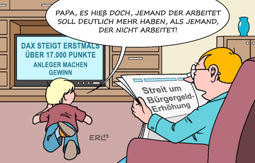 Cartoon: DAX-Rekord (medium) by Erl tagged politik,wirtschaft,finanzen,börse,dax,deutscher,aktienindex,rekord,anstieg,aktionäre,anleger,gewinn,reichtum,armut,arbeitslosigkeit,erhöhung,bürgergeld,kritik,opposition,merz,söder,arbeit,leistung,geld,karikatur,erl,politik,wirtschaft,finanzen,börse,dax,deutscher,aktienindex,rekord,anstieg,aktionäre,anleger,gewinn,reichtum,armut,arbeitslosigkeit,erhöhung,bürgergeld,kritik,opposition,merz,söder,arbeit,leistung,geld,karikatur,erl