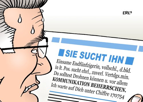 Cartoon: De Maiziere (medium) by Erl tagged verteidigungsminister,thomas,de,maiziere,drohne,euro,hawk,projkt,scheitern,kommunikation,desaster,rücktritt,forderung,bundeskanzlerin,angela,merkel,einsam,kontaktanzeige,verteidigungsminister,thomas,de,maiziere,drohne,euro,hawk,projkt,scheitern,kommunikation,desaster,rücktritt,forderung,bundeskanzlerin,angela,merkel,einsam,kontaktanzeige