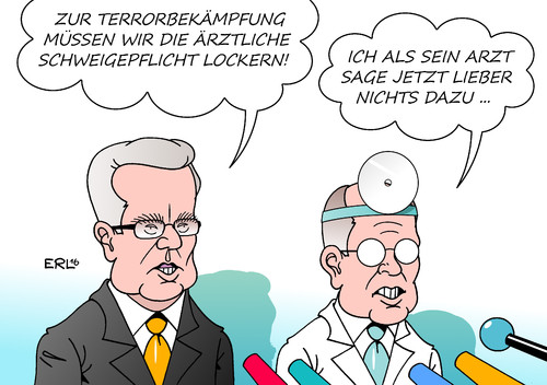 Cartoon: De Maiziere (medium) by Erl tagged innenminister,thomas,de,maiziere,vorschlag,terrorbekämpfung,terror,terrorismus,islamismus,is,lockerung,ärztliche,schweigepflicht,arzt,schweigen,sicherheit,freiheit,straftaten,verfolgung,verfolgungswahn,interview,karikatur,erl,innenminister,thomas,de,maiziere,vorschlag,terrorbekämpfung,terror,terrorismus,islamismus,is,lockerung,ärztliche,schweigepflicht,arzt,schweigen,sicherheit,freiheit,straftaten,verfolgung,verfolgungswahn,interview,karikatur,erl