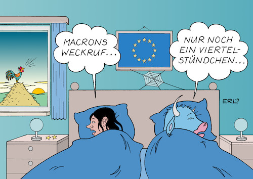 Cartoon: Der gallische Hahn (medium) by Erl tagged politik,frankreich,präsident,emmanuel,macron,aufruf,weckruf,zeitungsanzeige,eu,reformen,zusammenwachsen,handeln,abwehr,rechtspopulismus,europa,stier,ausschlafen,schlafen,schlafzimmer,sonnenaufgang,gallischer,hahn,krähen,karikatur,erl,politik,frankreich,präsident,emmanuel,macron,aufruf,weckruf,zeitungsanzeige,eu,reformen,zusammenwachsen,handeln,abwehr,rechtspopulismus,europa,stier,ausschlafen,schlafen,schlafzimmer,sonnenaufgang,gallischer,hahn,krähen,karikatur,erl