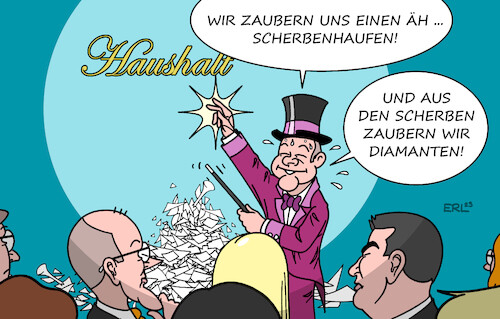 Cartoon: Der Magier (medium) by Erl tagged politik,ampel,spd,grüne,fdp,haushalt,trick,verfassungswidrig,umgehung,schuldenbremse,klage,cdu,urteil,karlsruhe,milliardenloch,bundeskanzler,olaf,scholz,magier,zauberer,scherbenhaufen,diamanten,plan,merz,söder,karikatur,erl,politik,ampel,spd,grüne,fdp,haushalt,trick,verfassungswidrig,umgehung,schuldenbremse,klage,cdu,urteil,karlsruhe,milliardenloch,bundeskanzler,olaf,scholz,magier,zauberer,scherbenhaufen,diamanten,plan,merz,söder,karikatur,erl