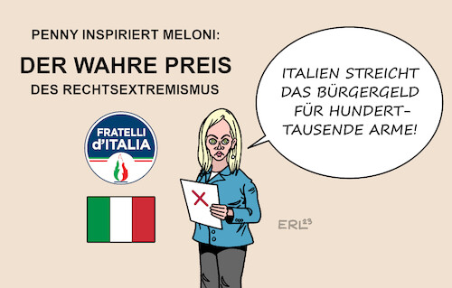 Cartoon: Der wahre Preis (medium) by Erl tagged politik,rechtspopulismus,rechtsextremismus,aufwind,deutschland,afd,italien,regierung,fratelli,italia,fdi,giorgia,meloni,wahres,gesicht,streichung,bürgergeld,arme,handel,penny,aktion,wahrer,preis,lebensmittel,co2,umweltschäden,klima,karikatur,erl,politik,rechtspopulismus,rechtsextremismus,aufwind,deutschland,afd,italien,regierung,fratelli,italia,fdi,giorgia,meloni,wahres,gesicht,streichung,bürgergeld,arme,handel,penny,aktion,wahrer,preis,lebensmittel,co2,umweltschäden,klima,karikatur,erl