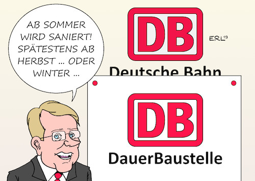 Cartoon: Deutsche Bahn (medium) by Erl tagged politik,verkehr,deutsche,bahn,verspätungen,investitionen,sommer,baustellen,sanierung,vorstand,ronald,pofalla,karikatur,erl,politik,verkehr,deutsche,bahn,verspätungen,investitionen,sommer,baustellen,sanierung,vorstand,ronald,pofalla,karikatur,erl