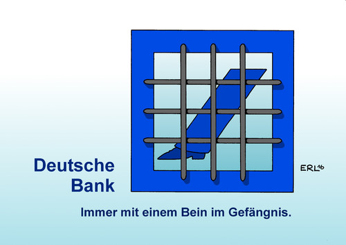 Cartoon: Deutsche Bank (medium) by Erl tagged deutsche,bank,hauptversammlung,aktionäre,frankfurt,vorstand,john,cryan,vergangenheit,josef,ackermann,anshu,jain,investmentbanking,finanzgeschäft,legal,illegal,prozesse,gerichtsverfahren,mit,einem,bein,im,gefängnis,geld,gier,finanzen,logo,karikatur,erl,deutsche,bank,hauptversammlung,aktionäre,frankfurt,vorstand,john,cryan,vergangenheit,josef,ackermann,anshu,jain,investmentbanking,finanzgeschäft,legal,illegal,prozesse,gerichtsverfahren,mit,einem,bein,im,gefängnis,geld,gier,finanzen,logo,karikatur,erl