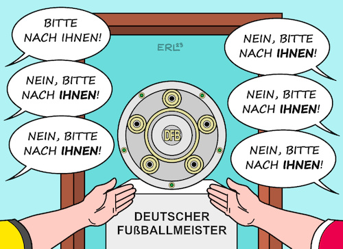 Cartoon: Deutscher Fußballmeister (medium) by Erl tagged politik,sport,fußball,bundesliga,deutsche,fußballmeisterschaft,deutscher,fußballmeister,spannung,tabelle,tabellenführung,tabellenspitze,abwechslung,bvb,09,borussia,dortmund,fc,bayern,münchen,höflichkeit,vortritt,tür,meisterschale,meisterschaft,meister,titel,karikatur,erl,politik,sport,fußball,bundesliga,deutsche,fußballmeisterschaft,deutscher,fußballmeister,spannung,tabelle,tabellenführung,tabellenspitze,abwechslung,bvb,09,borussia,dortmund,fc,bayern,münchen,höflichkeit,vortritt,tür,meisterschale,meisterschaft,meister,titel,karikatur,erl