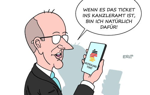 Cartoon: Deutschlandticket (medium) by Erl tagged politik,verkehr,deutschlandticket,ampel,aus,unterstützung,union,merz,ticket,kanzleramt,karikatur,erl,politik,verkehr,deutschlandticket,ampel,aus,unterstützung,union,merz,ticket,kanzleramt,karikatur,erl