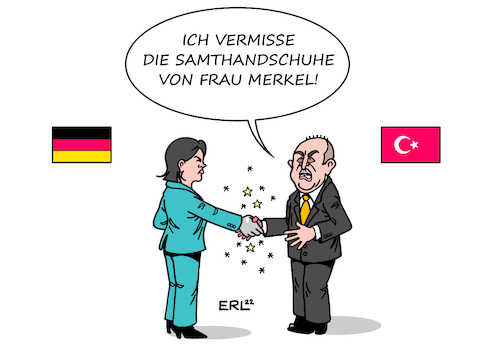 Cartoon: Die eiserne Hand (medium) by Erl tagged politik,außenministerin,annalena,baerbock,besuch,türkei,außenminister,mevlüt,cavusoglu,streit,haft,osman,kavala,aktivist,menschenrechte,altkanzlerin,angela,merkel,samthandschuhe,eiserne,hand,karikatur,erl,politik,außenministerin,annalena,baerbock,besuch,türkei,außenminister,mevlüt,cavusoglu,streit,haft,osman,kavala,aktivist,menschenrechte,altkanzlerin,angela,merkel,samthandschuhe,eiserne,hand,karikatur,erl