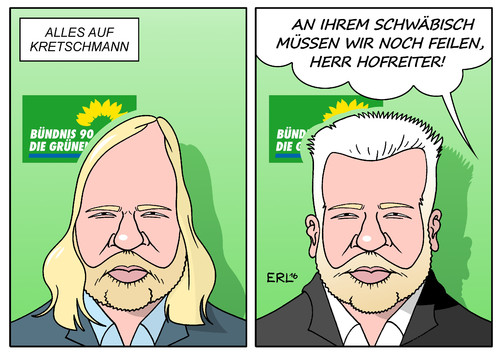 Cartoon: Die Grünen (medium) by Erl tagged bündnis,90,die,grünen,grüne,parteitag,klein,landtagswahl,baden,württemberg,wahlsieger,winfried,kretschmann,landesvater,beliebtheit,trend,haare,anton,hofreiter,karikatur,erl,bündnis,90,die,grünen,grüne,parteitag,klein,landtagswahl,baden,württemberg,wahlsieger,winfried,kretschmann,landesvater,beliebtheit,trend,haare,anton,hofreiter,karikatur,erl