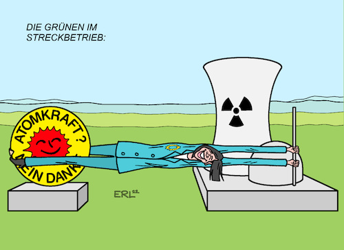 Cartoon: Die Grünen im Streckbetrieb (medium) by Erl tagged politik,krieg,russland,ukraine,wladimir,putin,erpressung,eu,deutschland,gas,lieferung,alternativen,diskussion,atomkraft,streckbetrieb,brennstäbe,die,grünen,katrin,göring,eckardt,annäherung,streckung,spagat,antiatombewegung,atomkraftwerk,karikatur,erl,politik,krieg,russland,ukraine,wladimir,putin,erpressung,eu,deutschland,gas,lieferung,alternativen,diskussion,atomkraft,streckbetrieb,brennstäbe,die,grünen,katrin,göring,eckardt,annäherung,streckung,spagat,antiatombewegung,atomkraftwerk,karikatur,erl