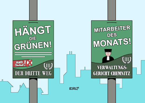 Cartoon: Die Henker und ihr Richter (medium) by Erl tagged politik,wahl,wahlplakat,partei,der,dritte,weg,rechtsextremismus,nationalsozialismus,hängt,die,grünen,klage,verbot,widerspruch,verwaltungsgericht,chemnitz,urteil,meinungsfreiheit,mitarbeiter,des,monats,richter,henker,karikatur,erl,politik,wahl,wahlplakat,partei,der,dritte,weg,rechtsextremismus,nationalsozialismus,hängt,die,grünen,klage,verbot,widerspruch,verwaltungsgericht,chemnitz,urteil,meinungsfreiheit,mitarbeiter,des,monats,richter,henker,karikatur,erl