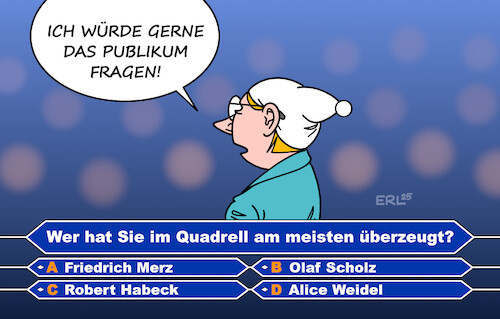 Cartoon: Die Millionenfrage (medium) by Erl tagged politik,wahl,wahlkampf,fernsehen,rtl,quadrell,merz,scholz,habeck,weidel,atalay,jauch,wer,wird,millionär,karikatur,erl,politik,wahl,wahlkampf,fernsehen,rtl,quadrell,merz,scholz,habeck,weidel,atalay,jauch,wer,wird,millionär,karikatur,erl