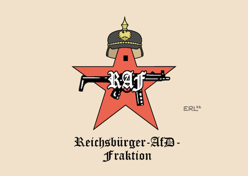 Cartoon: Die neue RAF (medium) by Erl tagged politik,rechtsextremismus,terrorismus,terror,vereinigung,reichsbürger,afd,richterin,angehörige,bundeswehr,polizei,adel,pläne,umsturz,system,gewalt,mord,erinnerung,raf,rote,armee,fraktion,logo,linksterrorismus,rechtsterrorismus,razzia,karikatur,erl,politik,rechtsextremismus,terrorismus,terror,vereinigung,reichsbürger,afd,richterin,angehörige,bundeswehr,polizei,adel,pläne,umsturz,system,gewalt,mord,erinnerung,raf,rote,armee,fraktion,logo,linksterrorismus,rechtsterrorismus,razzia,karikatur,erl