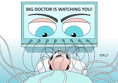 Cartoon: Digitale Medizin (medium) by Erl tagged politik,gesundheit,medizin,digital,daten,patient,arzt,app,internet,big,brother,george,orwell,1984,karikatur,erl,politik,gesundheit,medizin,digital,daten,patient,arzt,app,internet,big,brother,george,orwell,1984,karikatur,erl