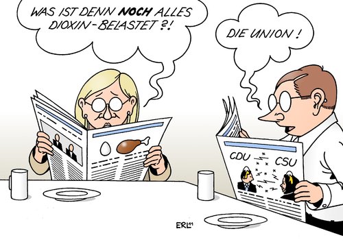 Cartoon: Dioxin (medium) by Erl tagged dioxin,lebensmittel,futtermittel,skandal,blastung,regierung,koalition,streit,cdu,csu,aigner,mcallister,dioxin,lebensmittel,futtermittel,skandal,blastung,regierung,koalition,streit,aigner,mcallister