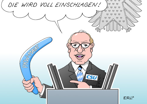 Cartoon: Dobrindt (medium) by Erl tagged verkehrsminister,alexander,dobrindt,bundestag,pkw,maut,deutsche,ausgleich,ausländer,diskriminierung,einnahmen,gering,aufwand,bürokratie,monster,wahlkampfschlager,csu,skepsis,eu,cdu,spd,ablehnung,bumerang,karikatur,erl,verkehrsminister,alexander,dobrindt,bundestag,pkw,maut,deutsche,ausgleich,ausländer,diskriminierung,einnahmen,gering,aufwand,bürokratie,monster,wahlkampfschlager,csu,skepsis,eu,cdu,spd,ablehnung,bumerang,karikatur,erl