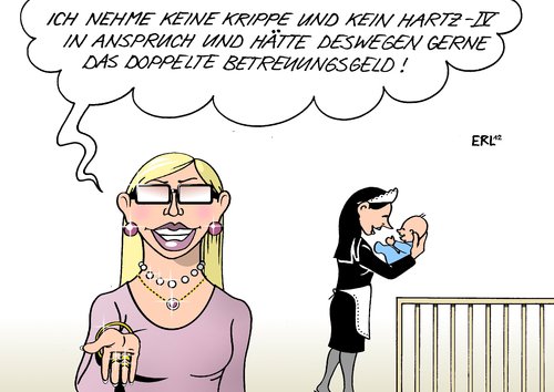 Cartoon: Doppeltes Betreuungsgeld (medium) by Erl tagged etreuungsgeld,erziehung,daheim,zuhause,anerkennung,wahlfreiheit,krippe,kita,kindertagesstätte,regierung,koalition,schwarz,gelb,cdu,csu,fdp,arbeitslosigkeit,arbeitslose,hartz,vier,iv,mutter,vater,kind,alleinerziehend,arm,reich,arbeiten,doppelt,nanny,laufstall,betreuungsgeld,erziehung,daheim,zuhause,anerkennung,wahlfreiheit,krippe,kita,kindertagesstätte,regierung