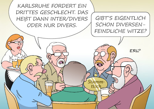 Cartoon: Drittes Geschlecht (medium) by Erl tagged geschlecht,männlich,weiblich,inter,divers,mann,frau,persönlichkeit,intersexualität,intersexuell,bundesverfassungsgericht,karlsruhe,forderung,gesetz,widerstand,konservative,stammtisch,witze,klischees,vorurteile,karikatur,erl,geschlecht,männlich,weiblich,inter,divers,mann,frau,persönlichkeit,intersexualität,intersexuell,bundesverfassungsgericht,karlsruhe,forderung,gesetz,widerstand,konservative,stammtisch,witze,klischees,vorurteile,karikatur,erl