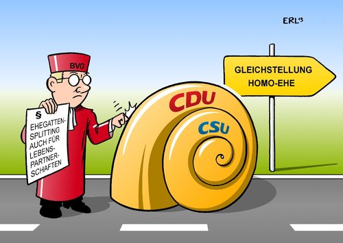 Cartoon: Ehegattensplitting (medium) by Erl tagged ehegattensplitting,steuer,einkommensteuer,ehepaar,ehe,lebenspartnerschaft,homoehe,urteil,bundesverfassungsgericht,karlsruhe,straße,gleichstellung,union,cdu,csu,schnecke,ehegattensplitting,steuer,einkommensteuer,ehepaar,ehe,lebenspartnerschaft,homoehe,urteil,bundesverfassungsgericht,karlsruhe,straße,gleichstellung,union,cdu,csu,schnecke