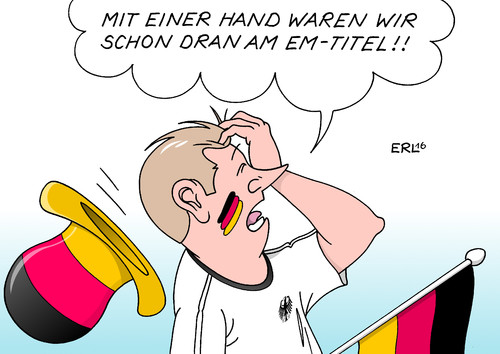 Cartoon: EM-Aus (medium) by Erl tagged fußball,em,2016,europameisterschaft,halbfinale,deutschland,frankreich,aus,gegentor,elfmeter,handelfmeter,hand,bastian,schweinsteiger,tragisch,fan,sport,karikatur,erl,fußball,em,2016,europameisterschaft,halbfinale,deutschland,frankreich,aus,gegentor,elfmeter,handelfmeter,hand,bastian,schweinsteiger,tragisch,fan,sport,karikatur,erl