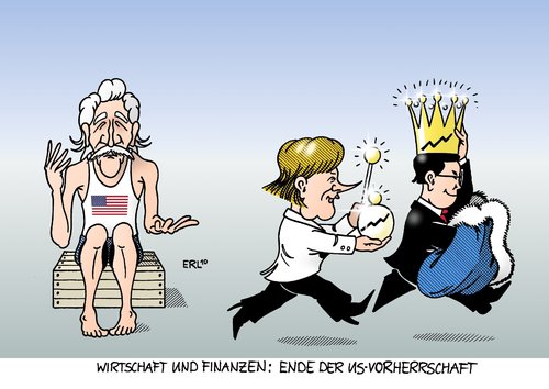 Cartoon: Ende der Vorherrschaft (medium) by Erl tagged g20,wirtschaft,finanzen,welt,vorherrschaft,usa,deutschland,china,merkel,g20,wirtschaft,welt,finanzen,vorherrschaft,usa,deutschland,china,merkel