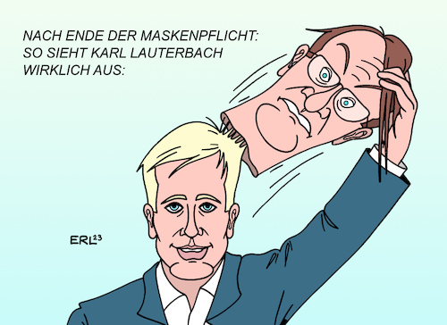 Cartoon: Ende Maskenpflicht (medium) by Erl tagged politik,corona,virus,pandemie,covid19,gesundheitsminister,karl,lauterbach,ankündigung,ende,maskenpflicht,fernzüge,bahn,mund,nase,maske,gesicht,aussehen,karikatur,erl,politik,corona,virus,pandemie,covid19,gesundheitsminister,karl,lauterbach,ankündigung,ende,maskenpflicht,fernzüge,bahn,mund,nase,maske,gesicht,aussehen,karikatur,erl