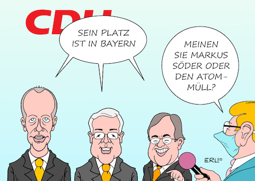 Cartoon: Endlagersuche (medium) by Erl tagged politik,energie,atomenergie,atommüll,endlager,suche,querschüsse,bayern,ministerpräsident,markus,söder,csu,ambitionen,kanzleramt,konkurrenten,friedrich,merz,norbert,röttgen,armin,laschet,bewerbung,cdu,vorsitz,kanzlerkandidat,karikatur,erl,politik,energie,atomenergie,atommüll,endlager,suche,querschüsse,bayern,ministerpräsident,markus,söder,csu,ambitionen,kanzleramt,konkurrenten,friedrich,merz,norbert,röttgen,armin,laschet,bewerbung,cdu,vorsitz,kanzlerkandidat,karikatur,erl