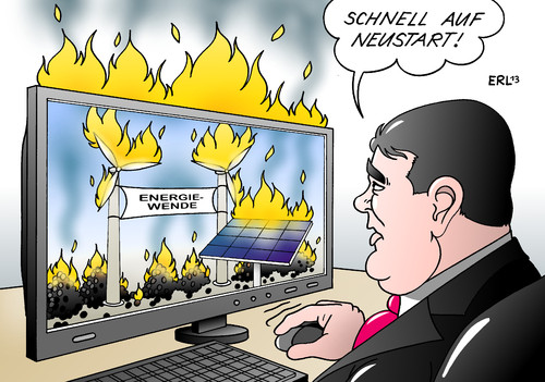 Cartoon: Energiewende Neustart (medium) by Erl tagged energiewende,atomausstieg,erneuerbare,energie,windkraft,solarenergie,kohle,feuer,große,koalition,cdu,csu,spd,energieminister,sigmar,gabriel,neustart,pc,computer,karikatur,erl,energiewende,atomausstieg,erneuerbare,energie,windkraft,solarenergie,kohle,feuer,große,koalition,cdu,csu,spd,energieminister,sigmar,gabriel,neustart,pc,computer