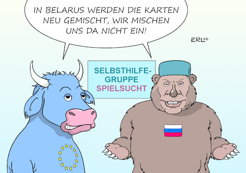 Cartoon: Enthaltsamkeit (medium) by Erl tagged politik,belarus,weißrussland,diktator,alexander,lukaschenko,wahl,fälschung,wahlfälschung,manipulation,protest,demonstration,streik,bürger,beratung,eu,nichteinmischung,russland,putin,bär,stier,karten,mischen,spielsucht,karikatur,erl,politik,belarus,weißrussland,diktator,alexander,lukaschenko,wahl,fälschung,wahlfälschung,manipulation,protest,demonstration,streik,bürger,beratung,eu,nichteinmischung,russland,putin,bär,stier,karten,mischen,spielsucht,karikatur,erl