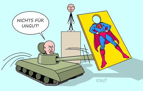 Cartoon: Enthüllung (medium) by Erl tagged politik,krieg,angriff,überfall,russland,ukraine,söldnertruppe,wagner,jewgeni,prigoschin,aufstand,putsch,militär,konvoi,moskau,rückzug,belarus,deal,straffreiheit,enthüllung,schwäche,wladimir,putin,superman,karikatur,erl,politik,krieg,angriff,überfall,russland,ukraine,söldnertruppe,wagner,jewgeni,prigoschin,aufstand,putsch,militär,konvoi,moskau,rückzug,belarus,deal,straffreiheit,enthüllung,schwäche,wladimir,putin,superman,karikatur,erl